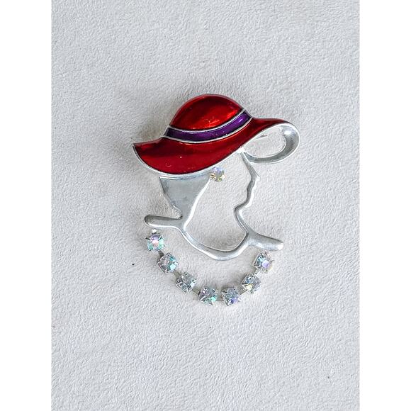 Vintage Lady Red Hat Brooch Pin Enamel Aurora Borealis Crystal Silver Tone - Picture 1 of 6